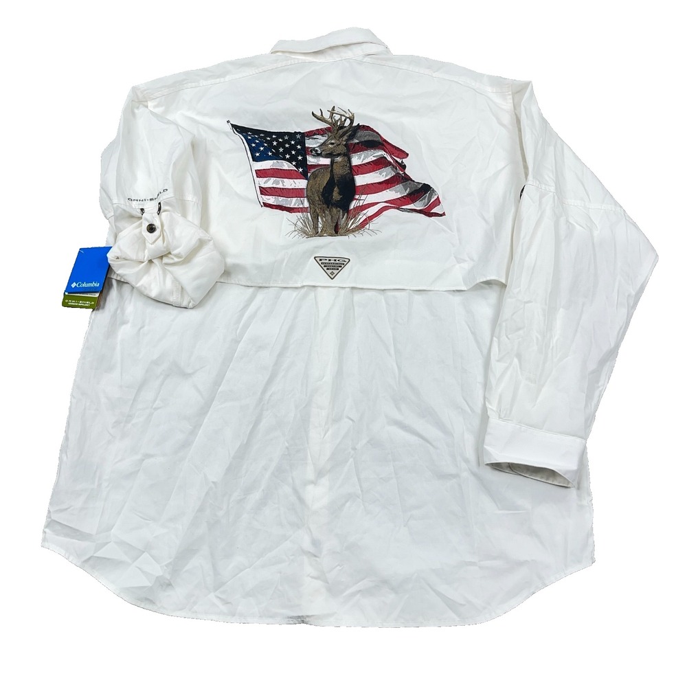 Columbia PFG Shirt Men Large White Button Up Cotton Shooting Hunting Deer Flag